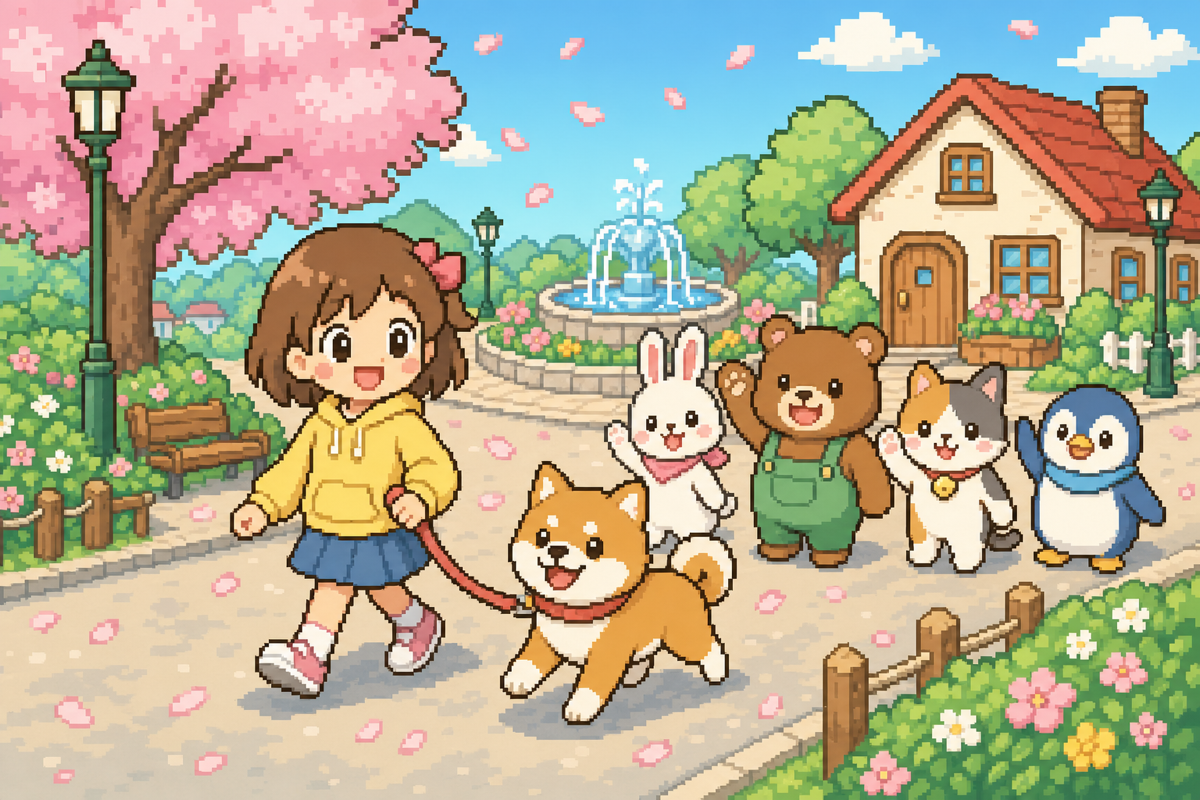 わんこさんぽのキービジュアル。桜舞う街を女の子としば犬がお散歩し、動物の住民たちが手をふっている
